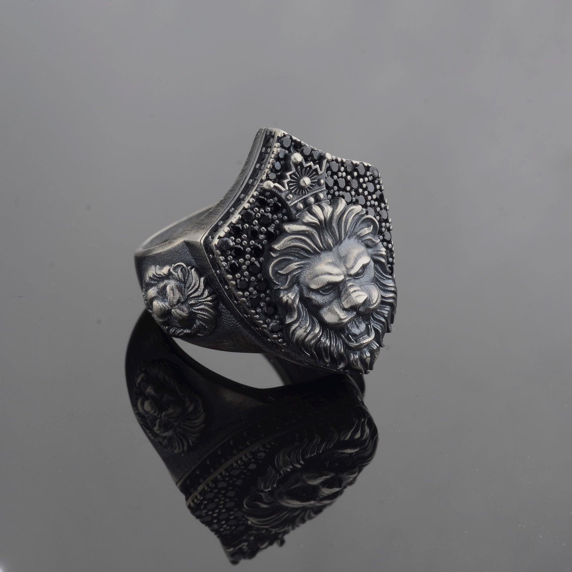Sterling Silver Lion Signet Ring, Black Zircon Diamonds, Majestic Design