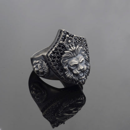 Sterling Silver Lion Signet Ring, Black Zircon Diamonds, Majestic Design