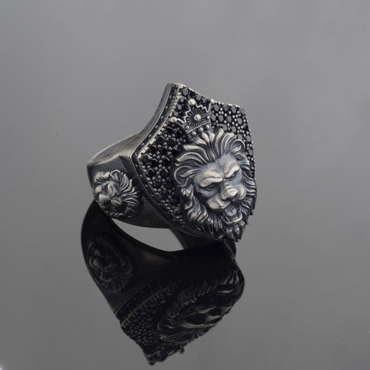 Sterling Silver Lion Signet Ring, Black Zircon Diamonds, Majestic Design