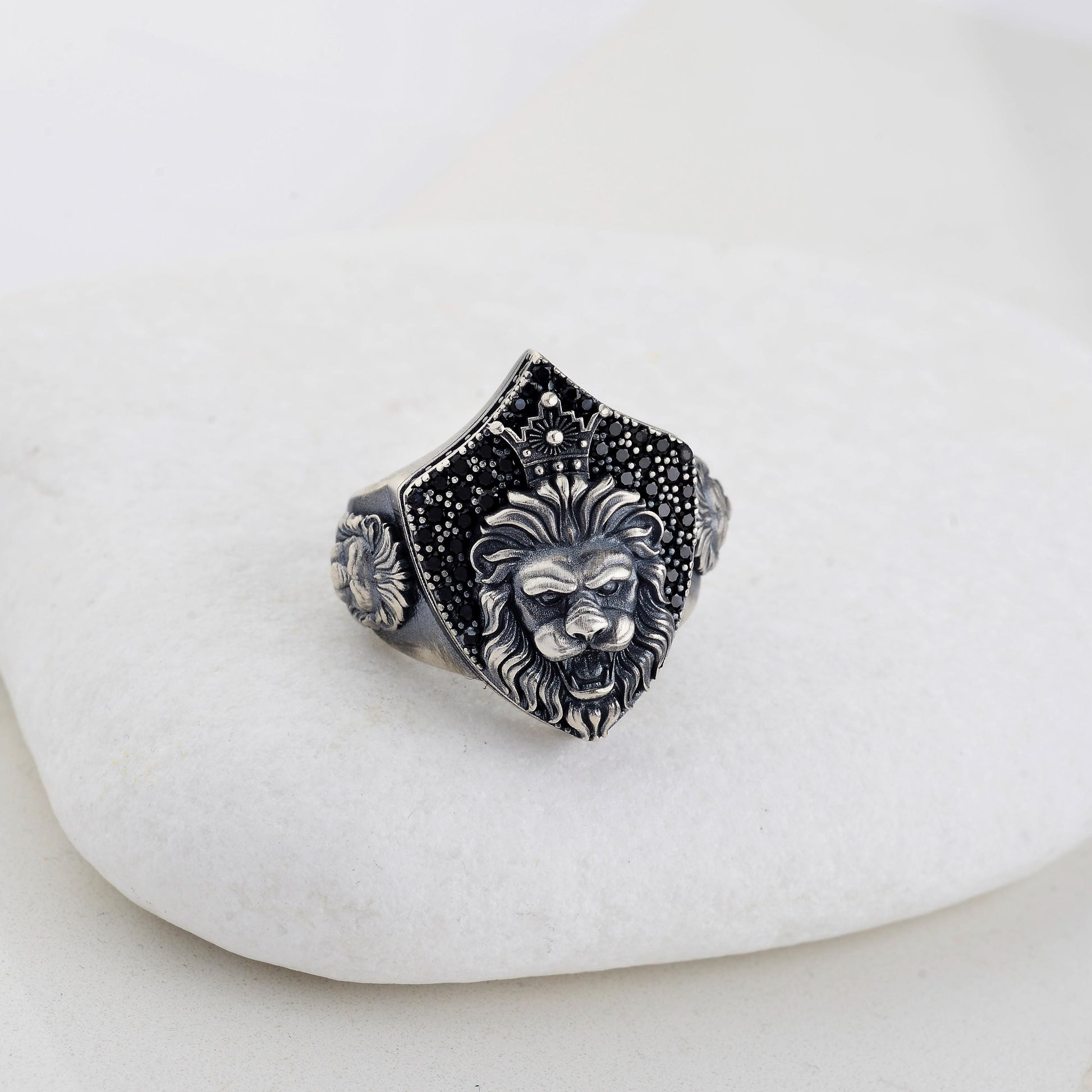 Sterling Silver Lion Signet Ring, Black Zircon Diamonds, Majestic Design