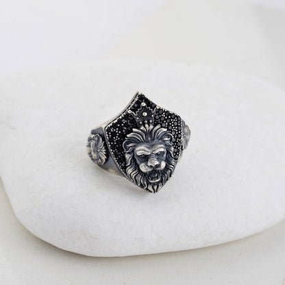 Sterling Silver Lion Signet Ring, Black Zircon Diamonds, Majestic Design