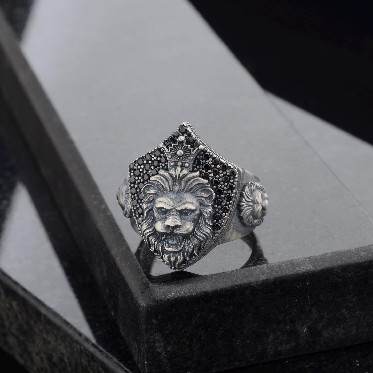 Sterling Silver Lion Signet Ring, Black Zircon Diamonds, Majestic Design