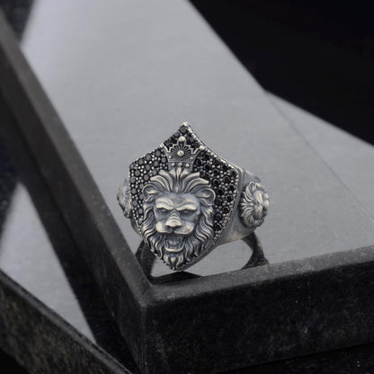 Sterling Silver Lion Signet Ring, Black Zircon Diamonds, Majestic Design