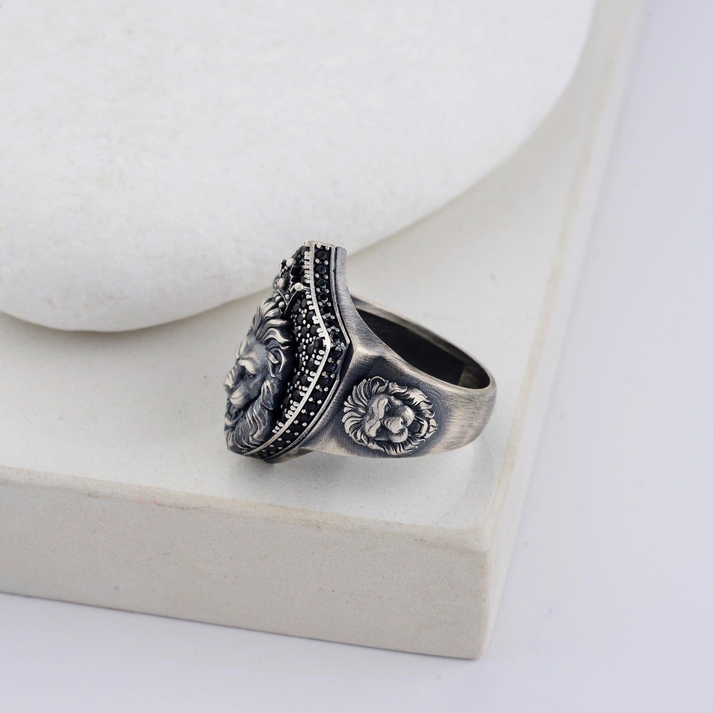 Sterling Silver Lion Signet Ring, Black Zircon Diamonds, Majestic Design