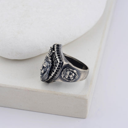 Sterling Silver Lion Signet Ring, Black Zircon Diamonds, Majestic Design