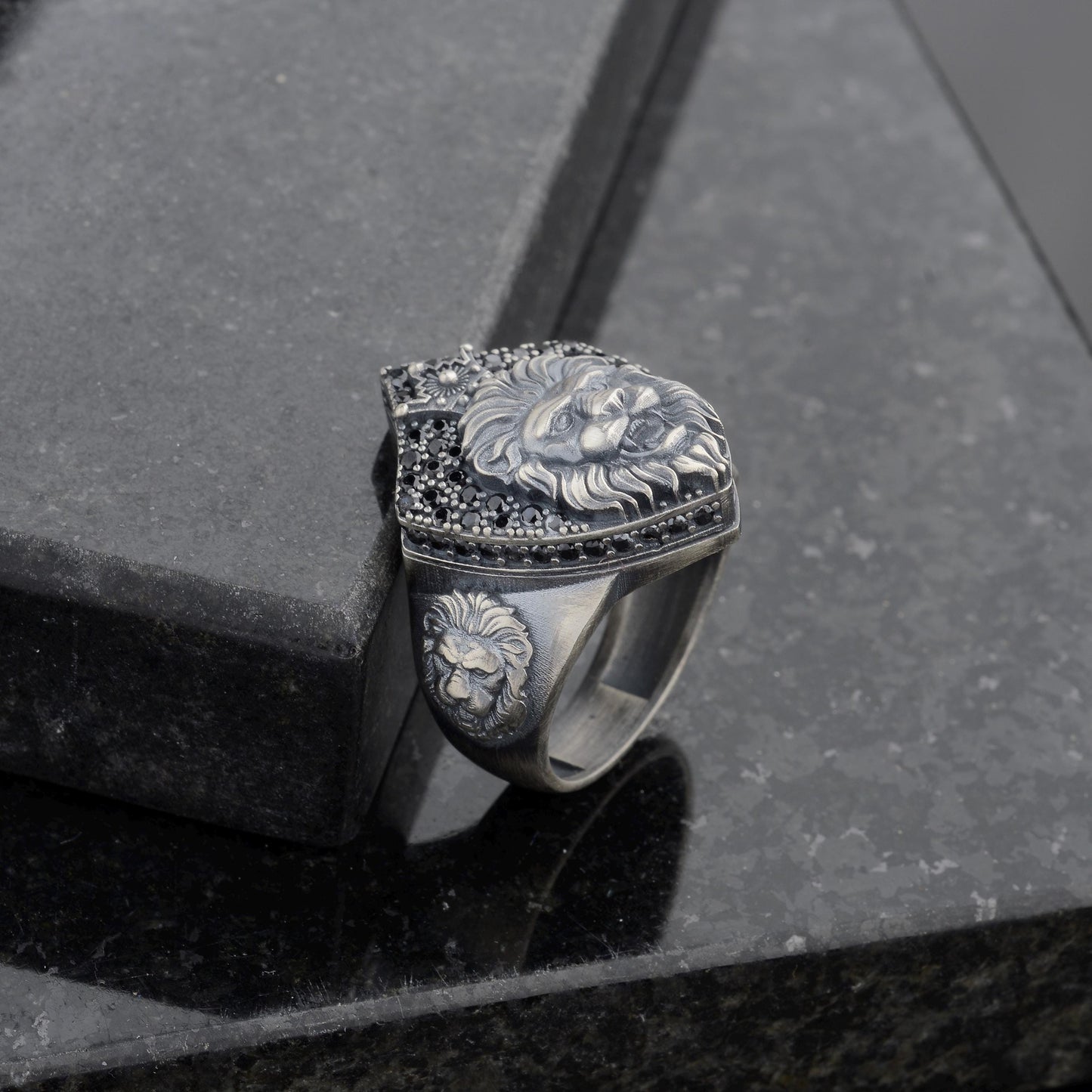 Sterling Silver Lion Signet Ring, Black Zircon Diamonds, Majestic Design