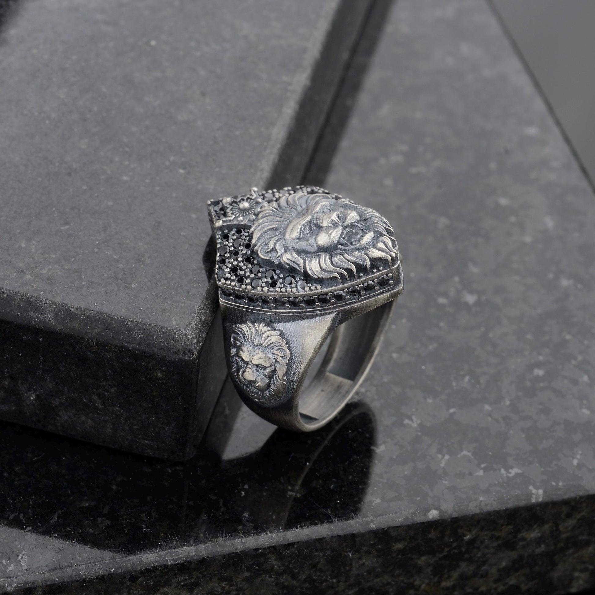 Sterling Silver Lion Signet Ring, Black Zircon Diamonds, Majestic Design
