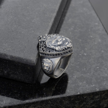 Sterling Silver Lion Signet Ring, Black Zircon Diamonds, Majestic Design