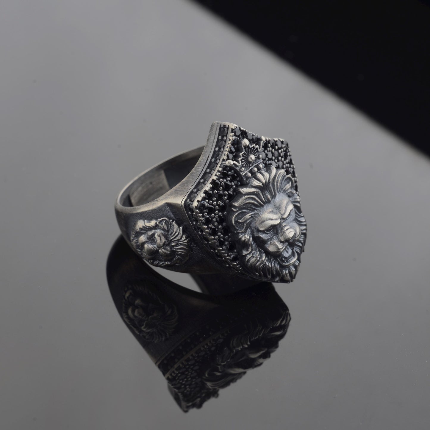 Sterling Silver Lion Signet Ring, Black Zircon Diamonds, Majestic Design