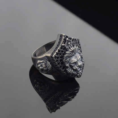 Sterling Silver Lion Signet Ring, Black Zircon Diamonds, Majestic Design