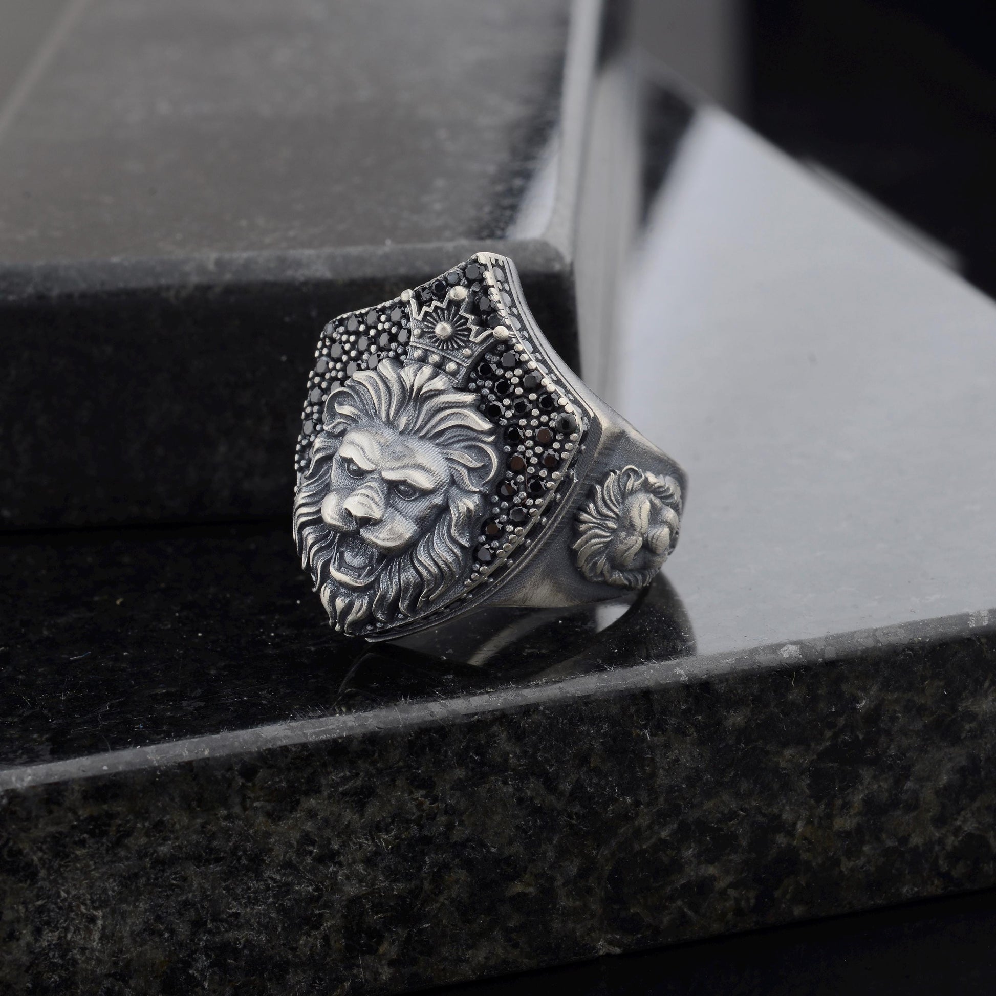 Sterling Silver Lion Signet Ring, Black Zircon Diamonds, Majestic Design