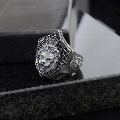 Sterling Silver Lion Signet Ring, Black Zircon Diamonds, Majestic Design
