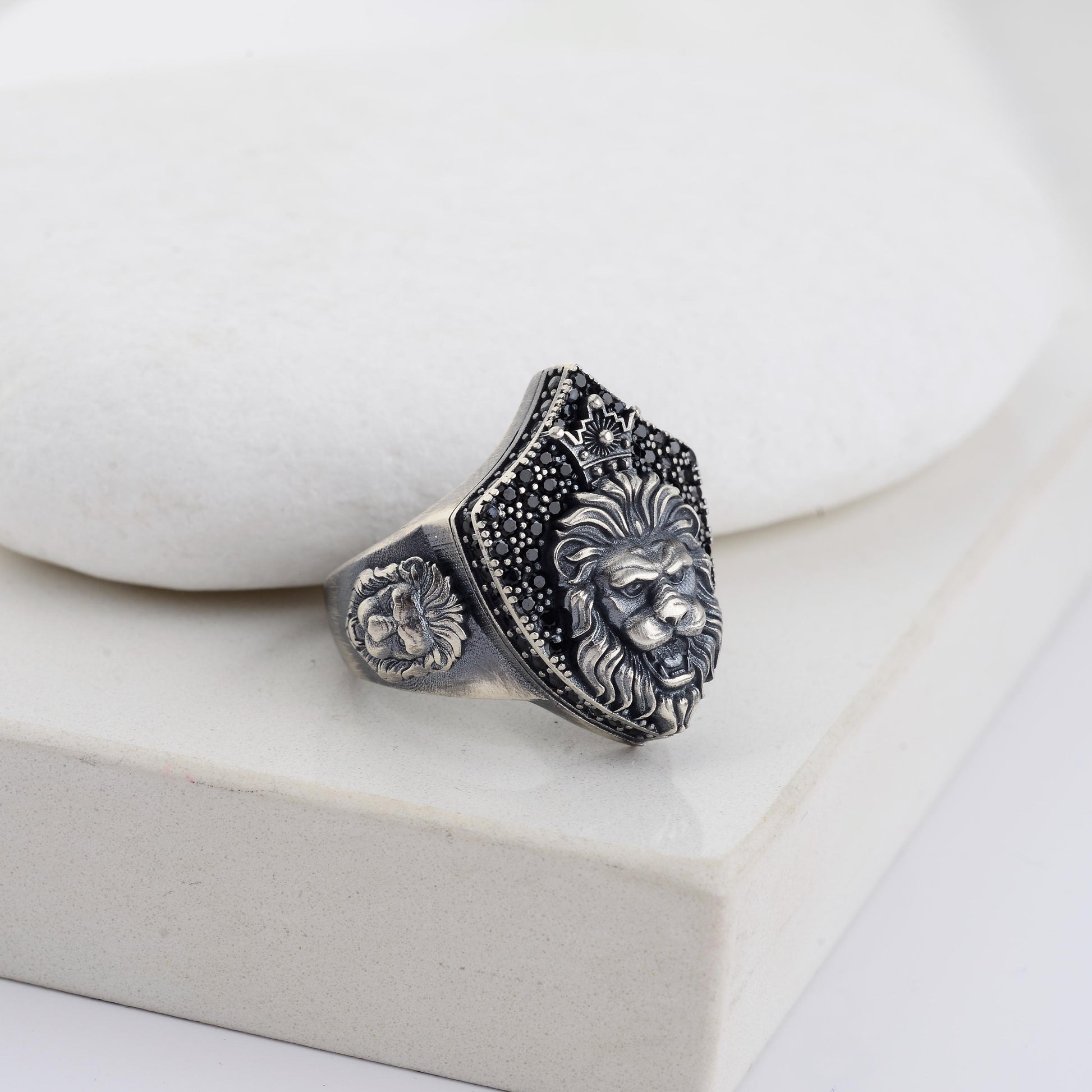 Sterling Silver Lion Signet Ring, Black Zircon Diamonds, Majestic Design