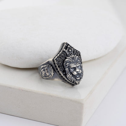 Sterling Silver Lion Signet Ring, Black Zircon Diamonds, Majestic Design