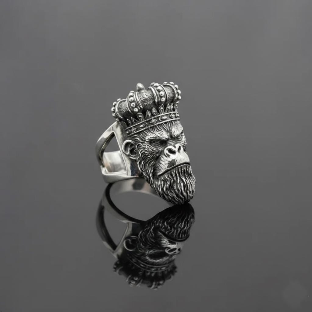 Sterling Silver Monkey King Ring, Oxidized Animal Head Biker Jewelry