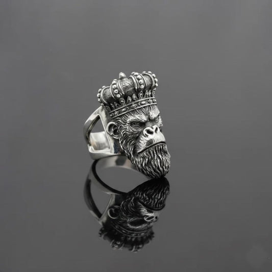 Sterling Silver Monkey King Ring, Oxidized Animal Head Biker Jewelry