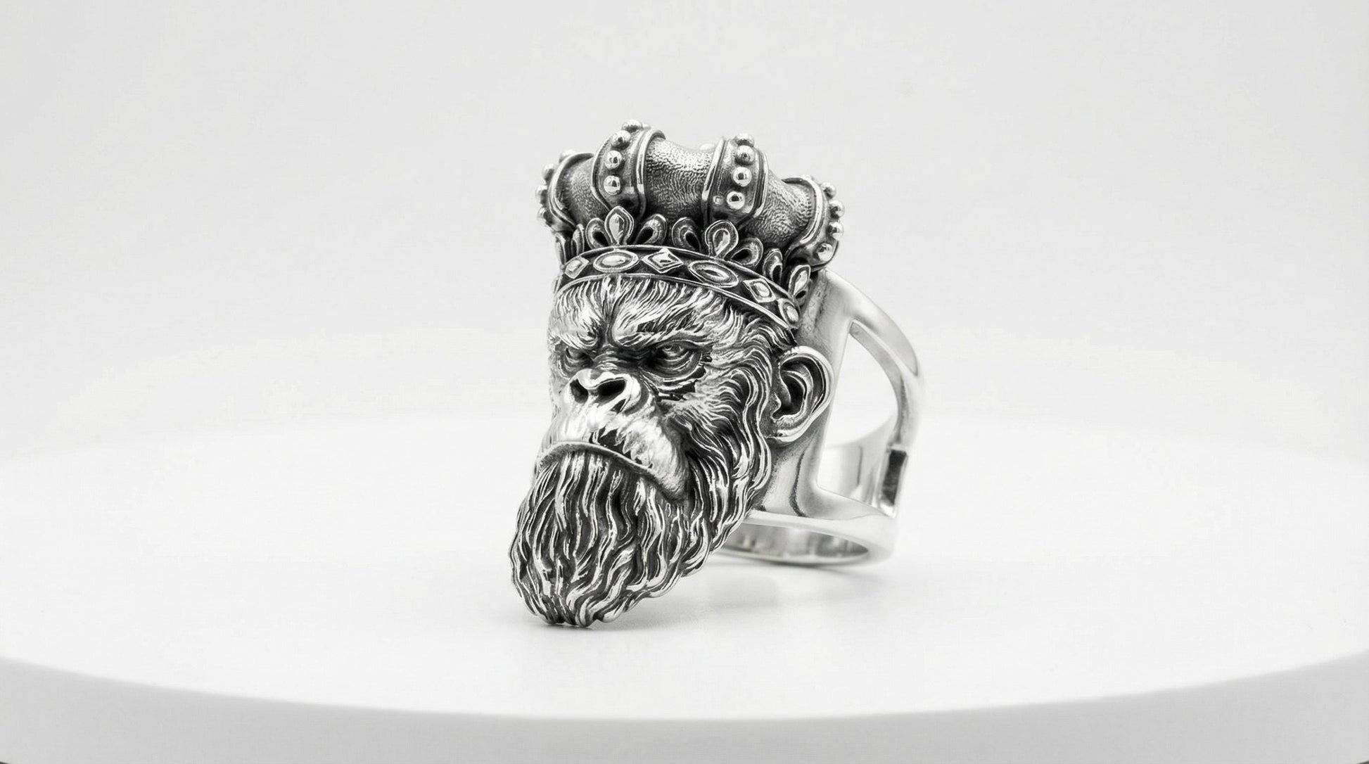 Sterling Silver Monkey King Ring, Oxidized Animal Head Biker Jewelry
