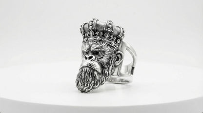 Sterling Silver Monkey King Ring, Oxidized Animal Head Biker Jewelry