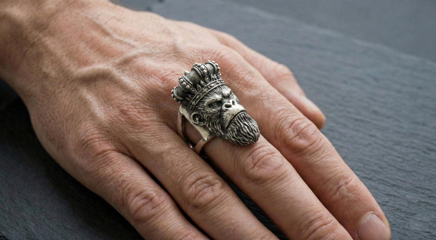 Sterling Silver Monkey King Ring, Oxidized Animal Head Biker Jewelry