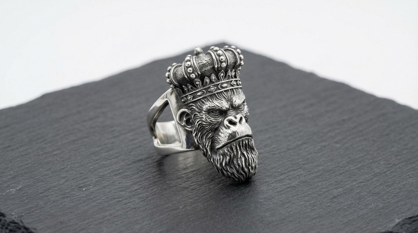 Sterling Silver Monkey King Ring, Oxidized Animal Head Biker Jewelry