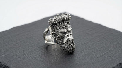 Sterling Silver Monkey King Ring, Oxidized Animal Head Biker Jewelry