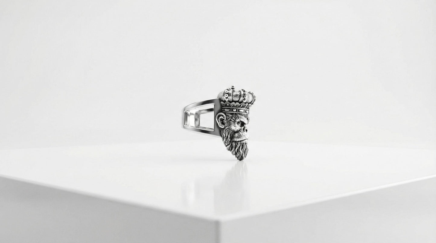 Sterling Silver Monkey King Ring, Oxidized Animal Head Biker Jewelry
