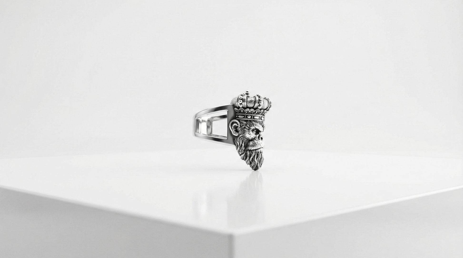 Sterling Silver Monkey King Ring, Oxidized Animal Head Biker Jewelry