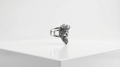 Sterling Silver Monkey King Ring, Oxidized Animal Head Biker Jewelry