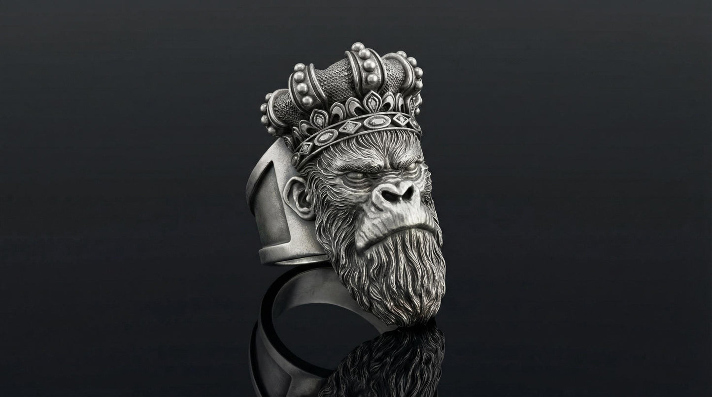 Sterling Silver Monkey King Ring, Oxidized Animal Head Biker Jewelry
