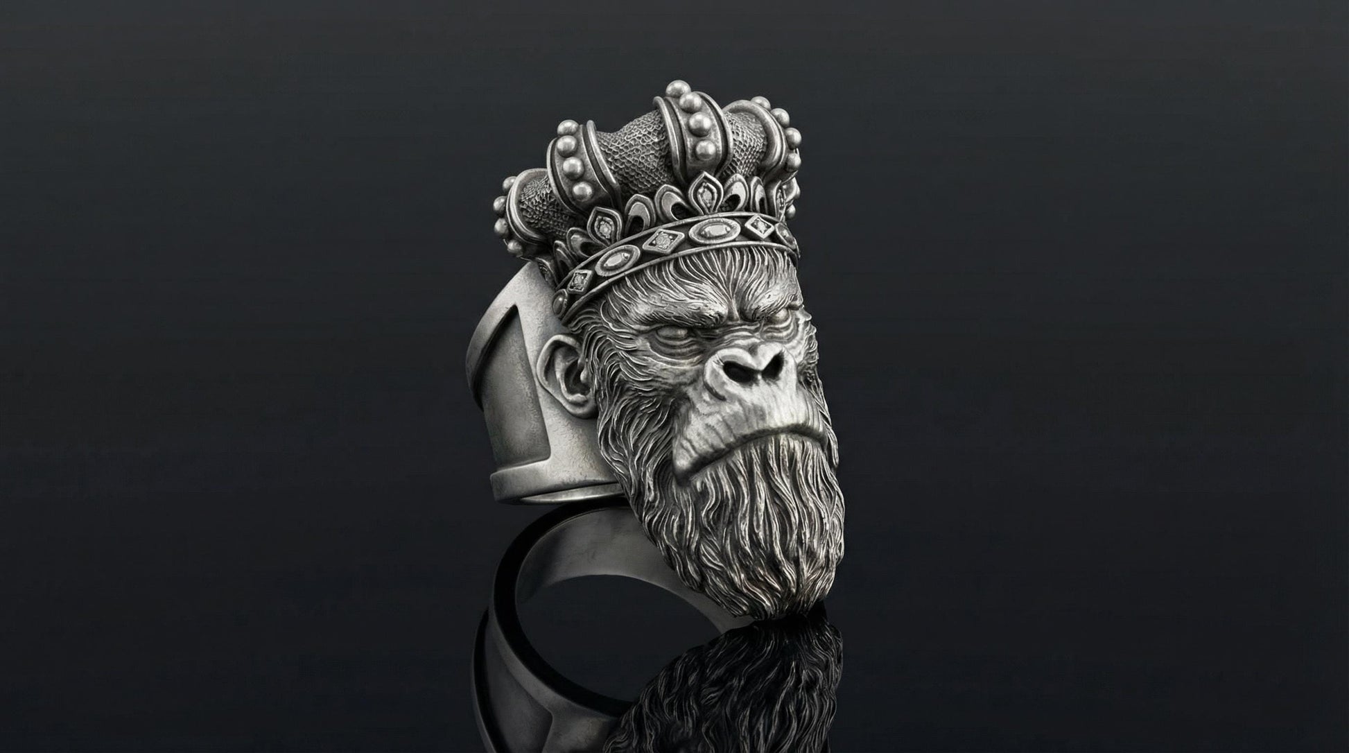 Sterling Silver Monkey King Ring, Oxidized Animal Head Biker Jewelry