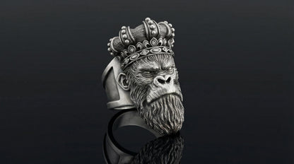 Sterling Silver Monkey King Ring, Oxidized Animal Head Biker Jewelry