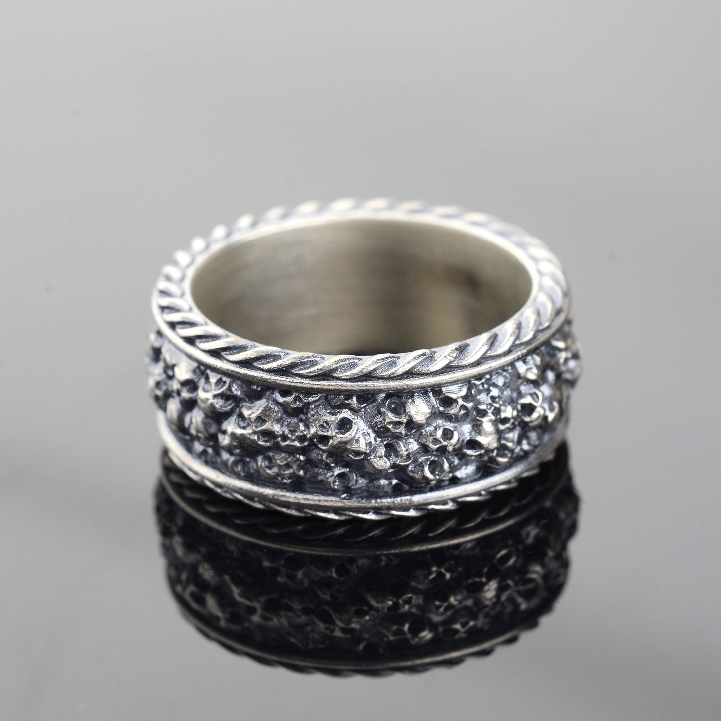 Sterling Silver Plated Hand Engraved Mens Skull Ring, Gothic Biker Band