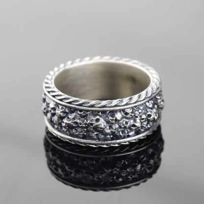 Sterling Silver Plated Hand Engraved Mens Skull Ring, Gothic Biker Band