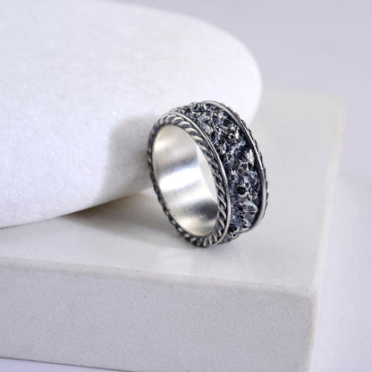 Sterling Silver Plated Hand Engraved Mens Skull Ring, Gothic Biker Band
