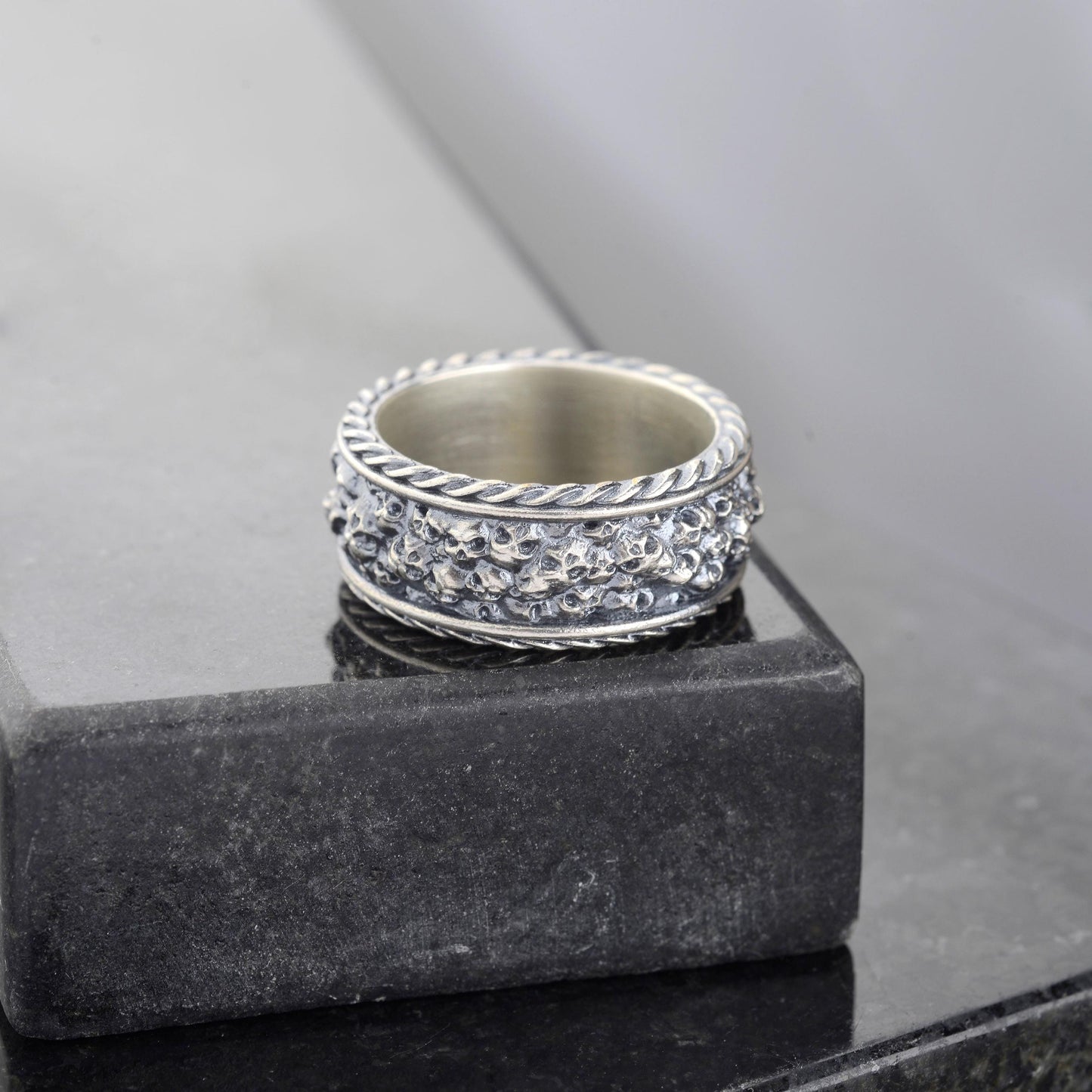 Sterling Silver Plated Hand Engraved Mens Skull Ring, Gothic Biker Band