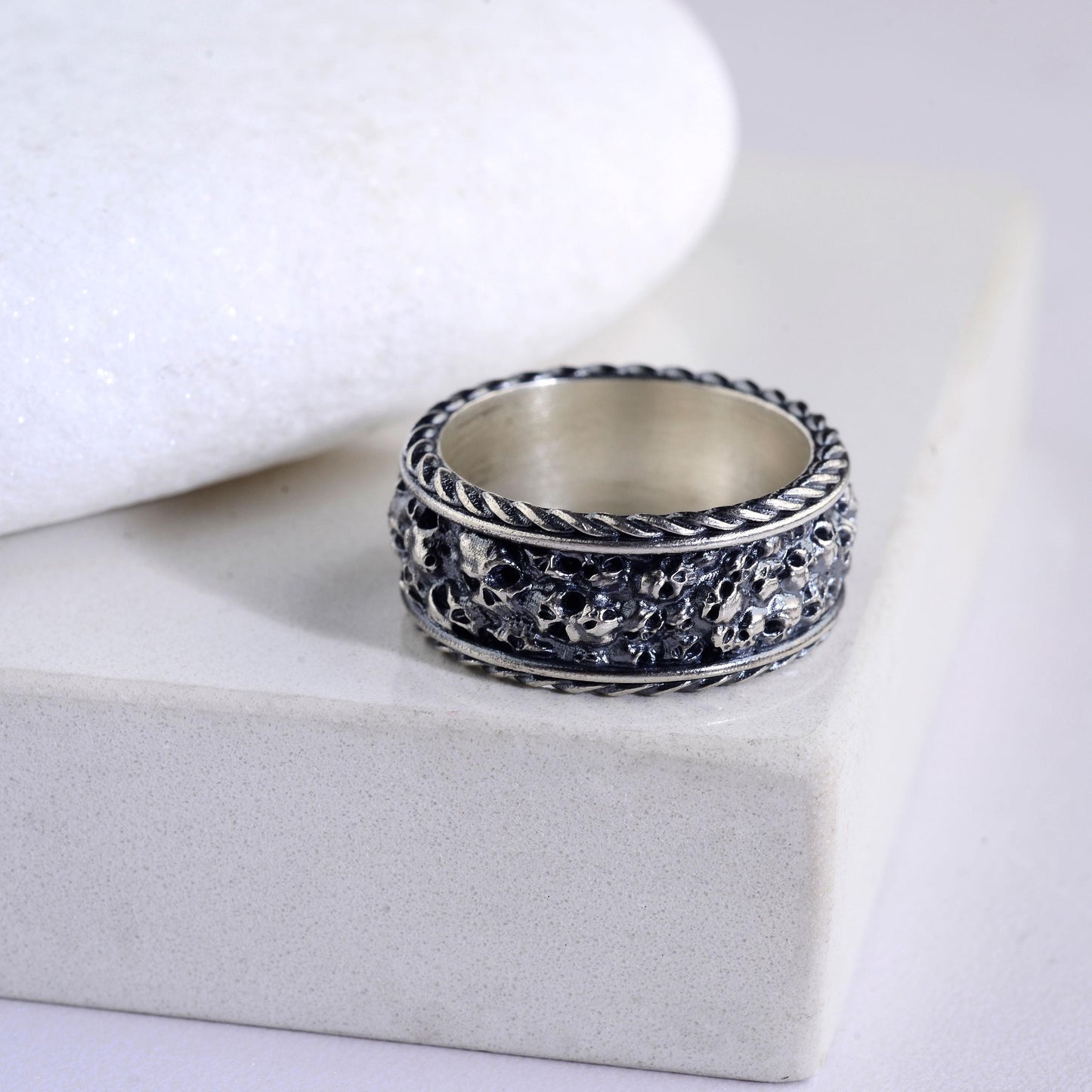 Sterling Silver Plated Hand Engraved Mens Skull Ring, Gothic Biker Band