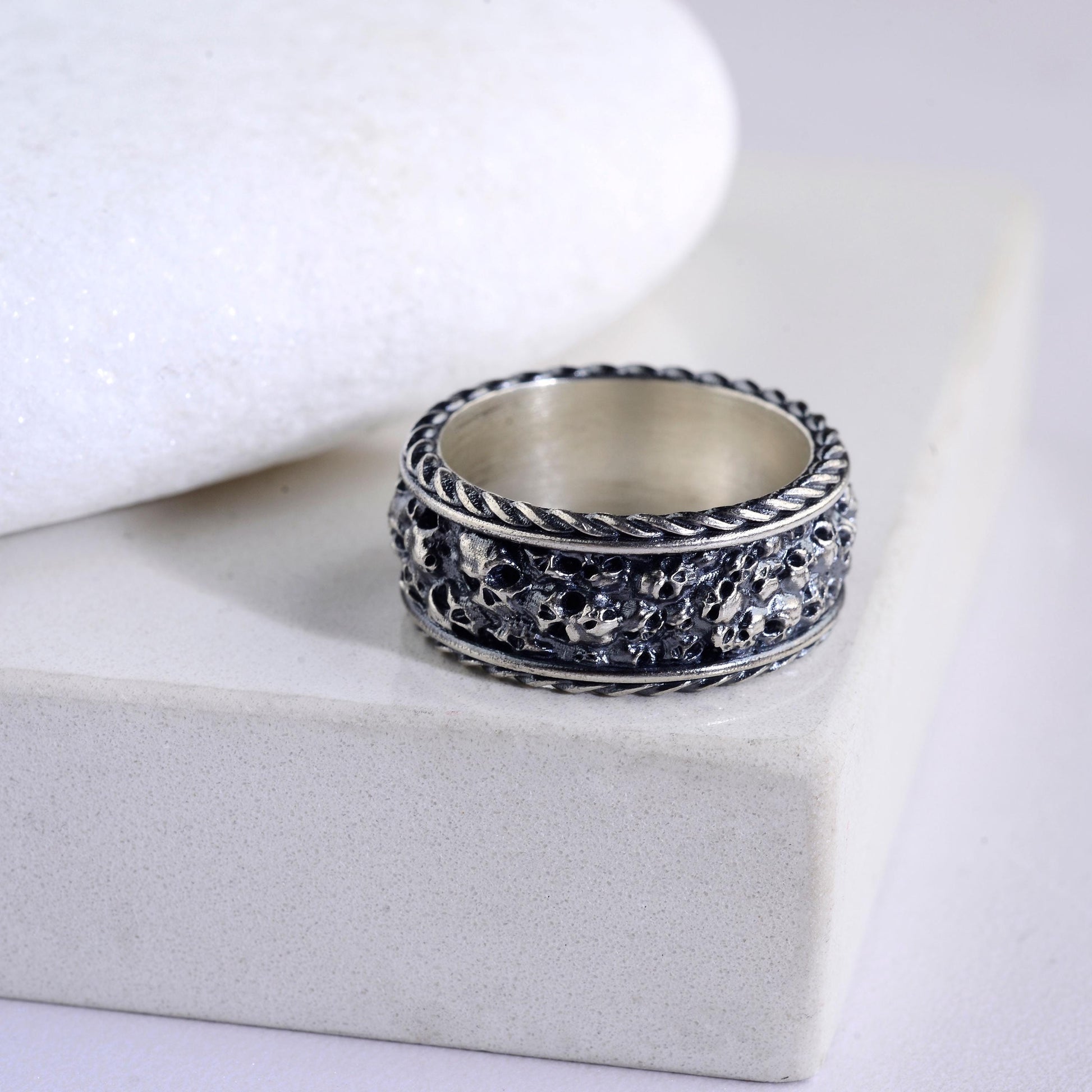 Sterling Silver Plated Hand Engraved Mens Skull Ring, Gothic Biker Band