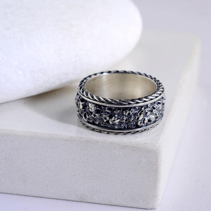 Sterling Silver Plated Hand Engraved Mens Skull Ring, Gothic Biker Band