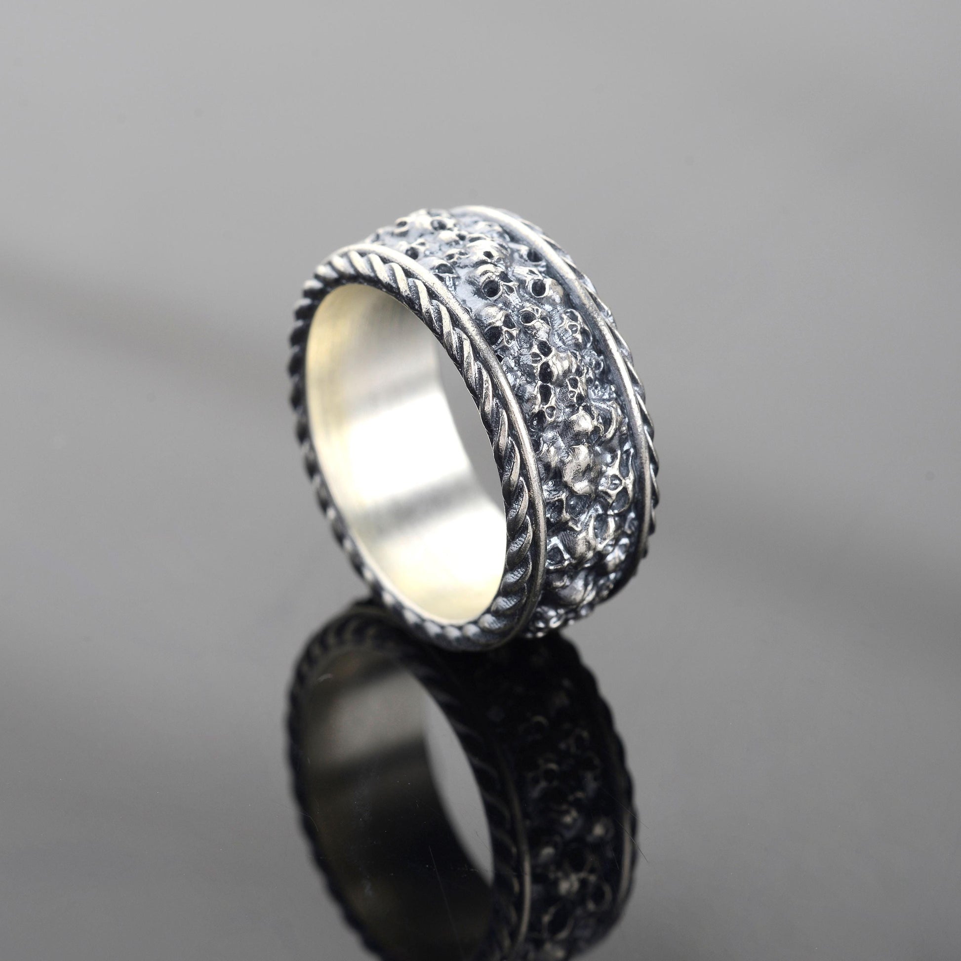 Sterling Silver Plated Hand Engraved Mens Skull Ring, Gothic Biker Band
