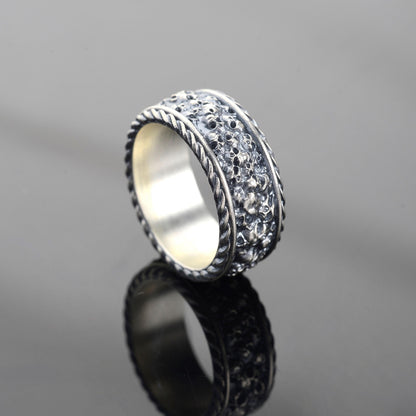 Sterling Silver Plated Hand Engraved Mens Skull Ring, Gothic Biker Band