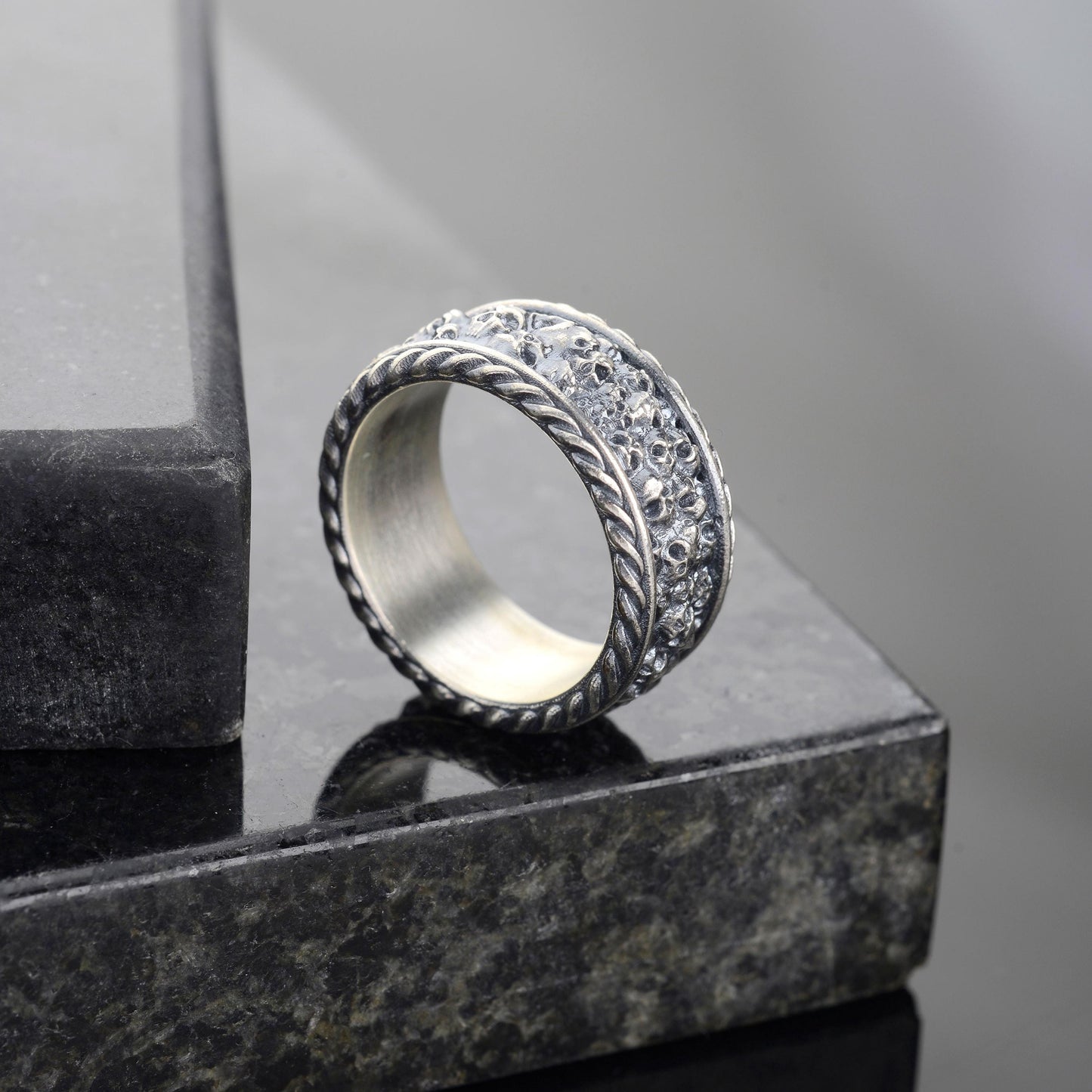 Sterling Silver Plated Hand Engraved Mens Skull Ring, Gothic Biker Band