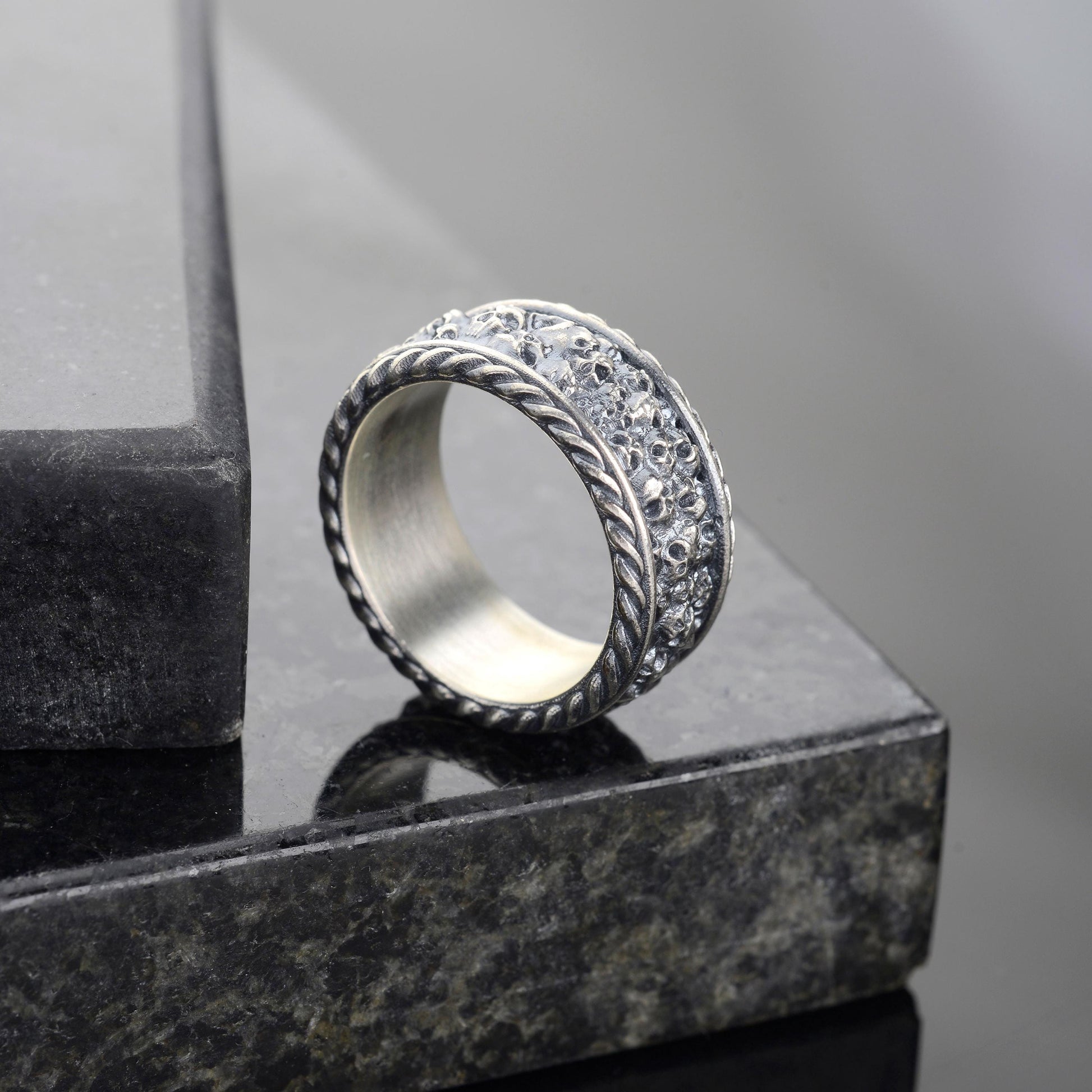 Sterling Silver Plated Hand Engraved Mens Skull Ring, Gothic Biker Band
