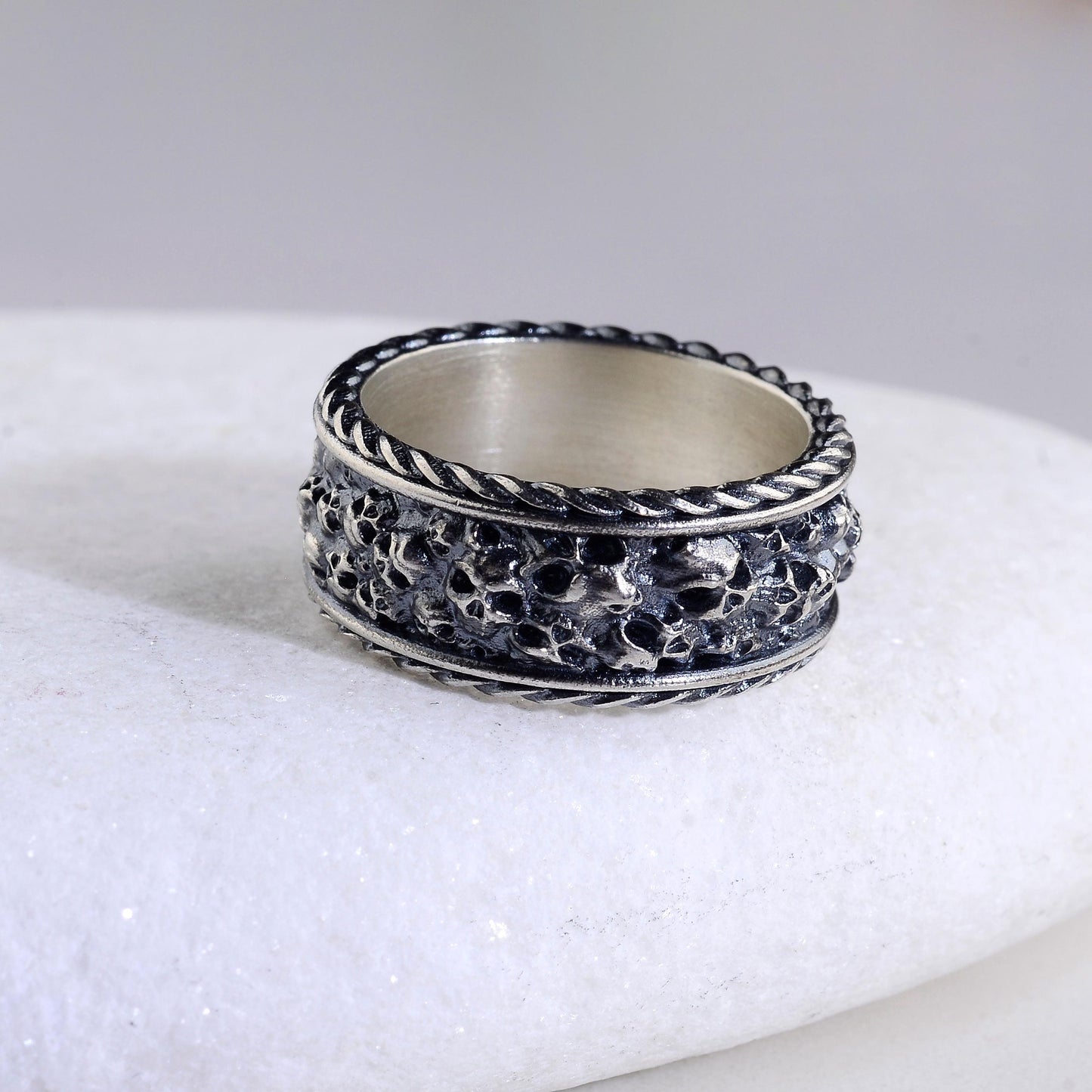 Sterling Silver Plated Hand Engraved Mens Skull Ring, Gothic Biker Band