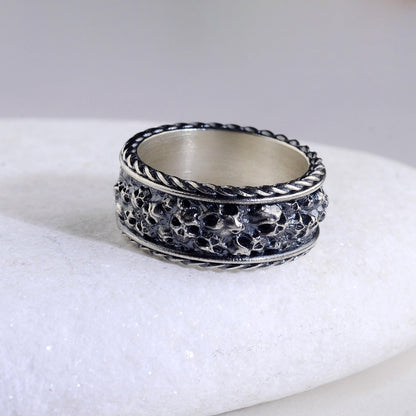 Sterling Silver Plated Hand Engraved Mens Skull Ring, Gothic Biker Band