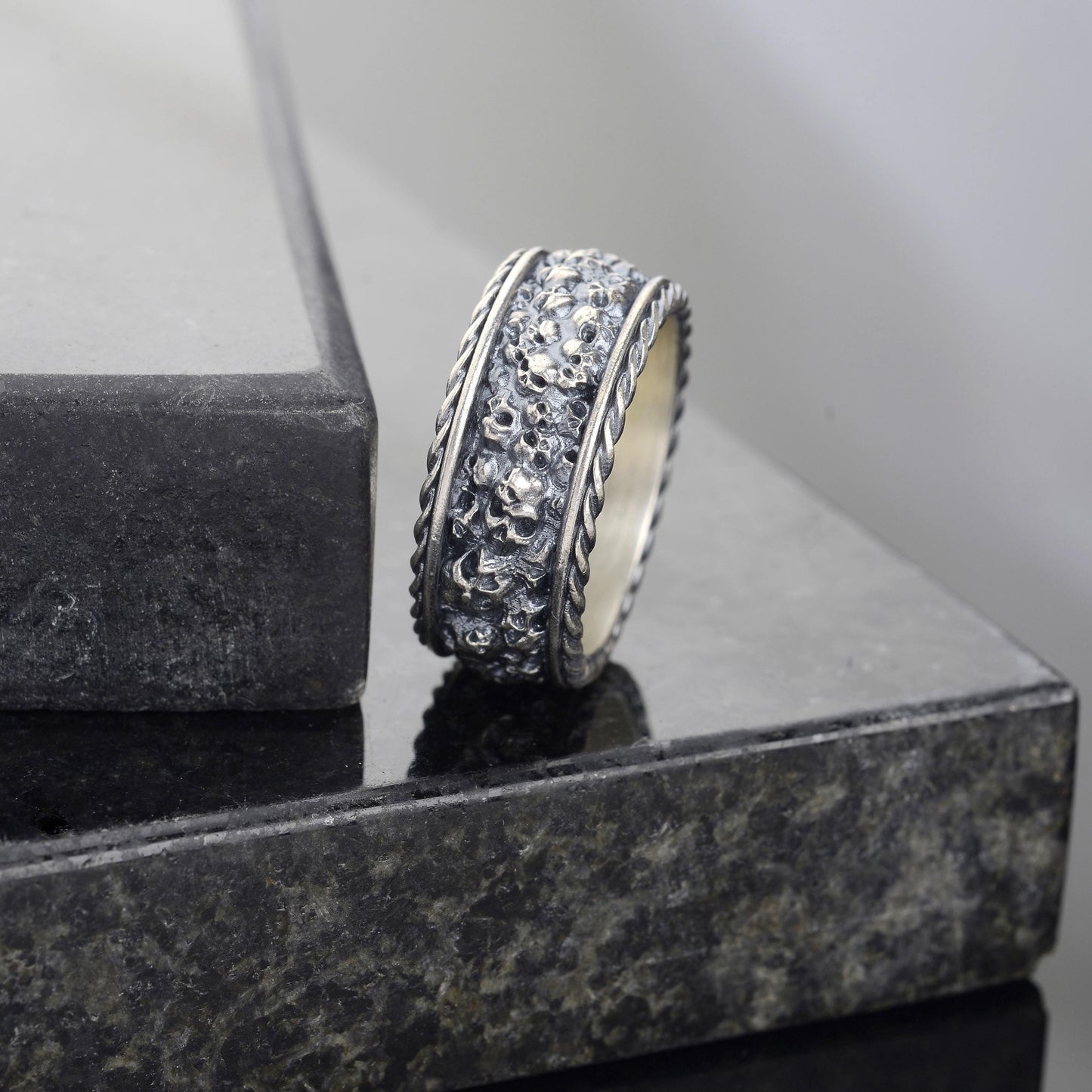 Sterling Silver Plated Hand Engraved Mens Skull Ring, Gothic Biker Band