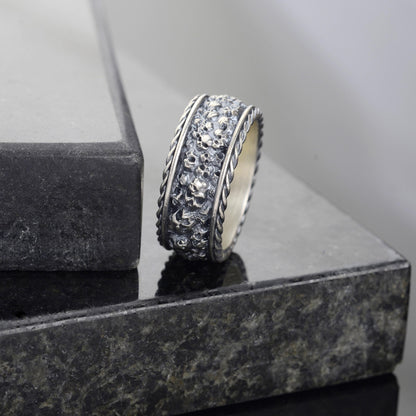 Sterling Silver Plated Hand Engraved Mens Skull Ring, Gothic Biker Band
