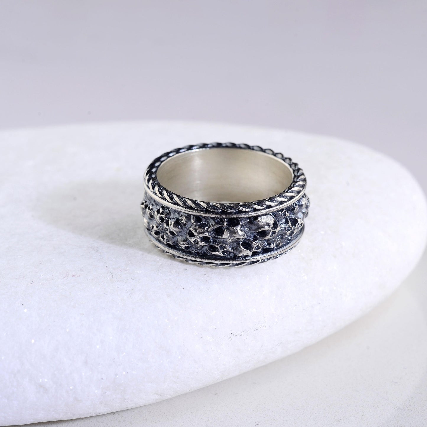 Sterling Silver Plated Hand Engraved Mens Skull Ring, Gothic Biker Band