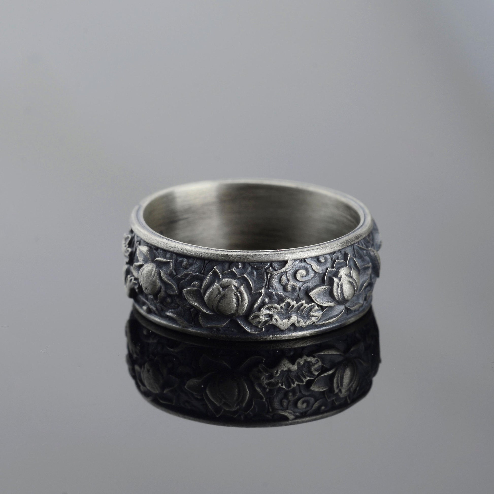 Sterling Silver Plated Lotus Ring, Botanic Floral Band