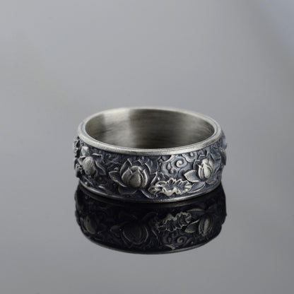 Sterling Silver Plated Lotus Ring, Botanic Floral Band