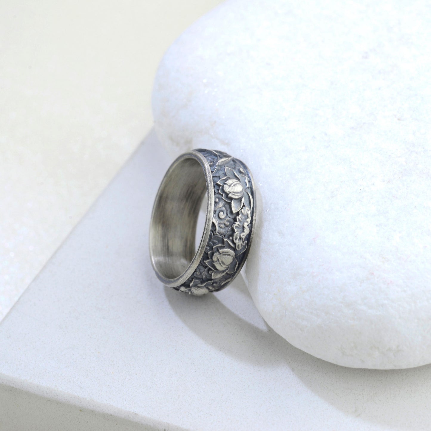 Sterling Silver Plated Lotus Ring, Botanic Floral Band